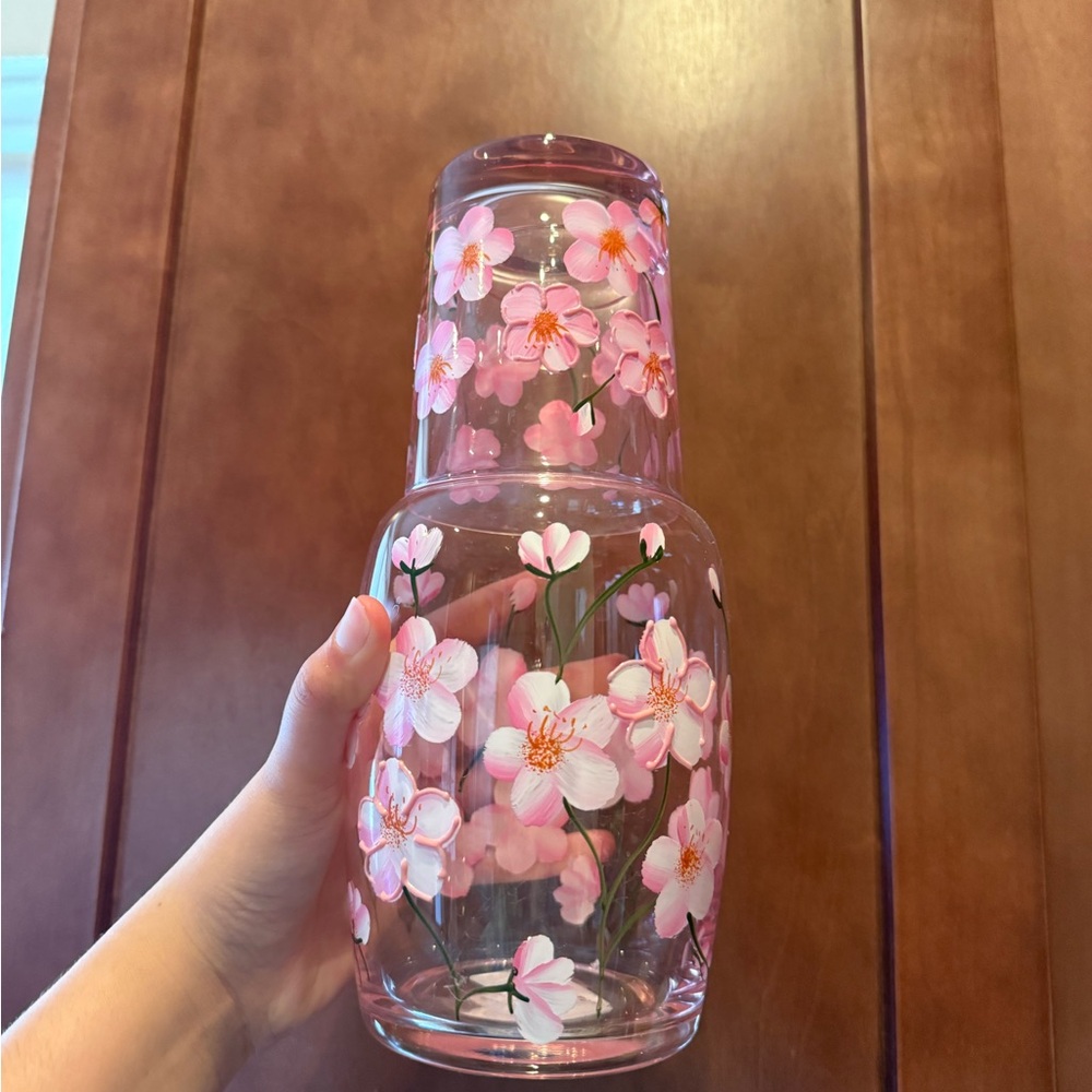 Floral Glass Carafe Set with Pink Accents